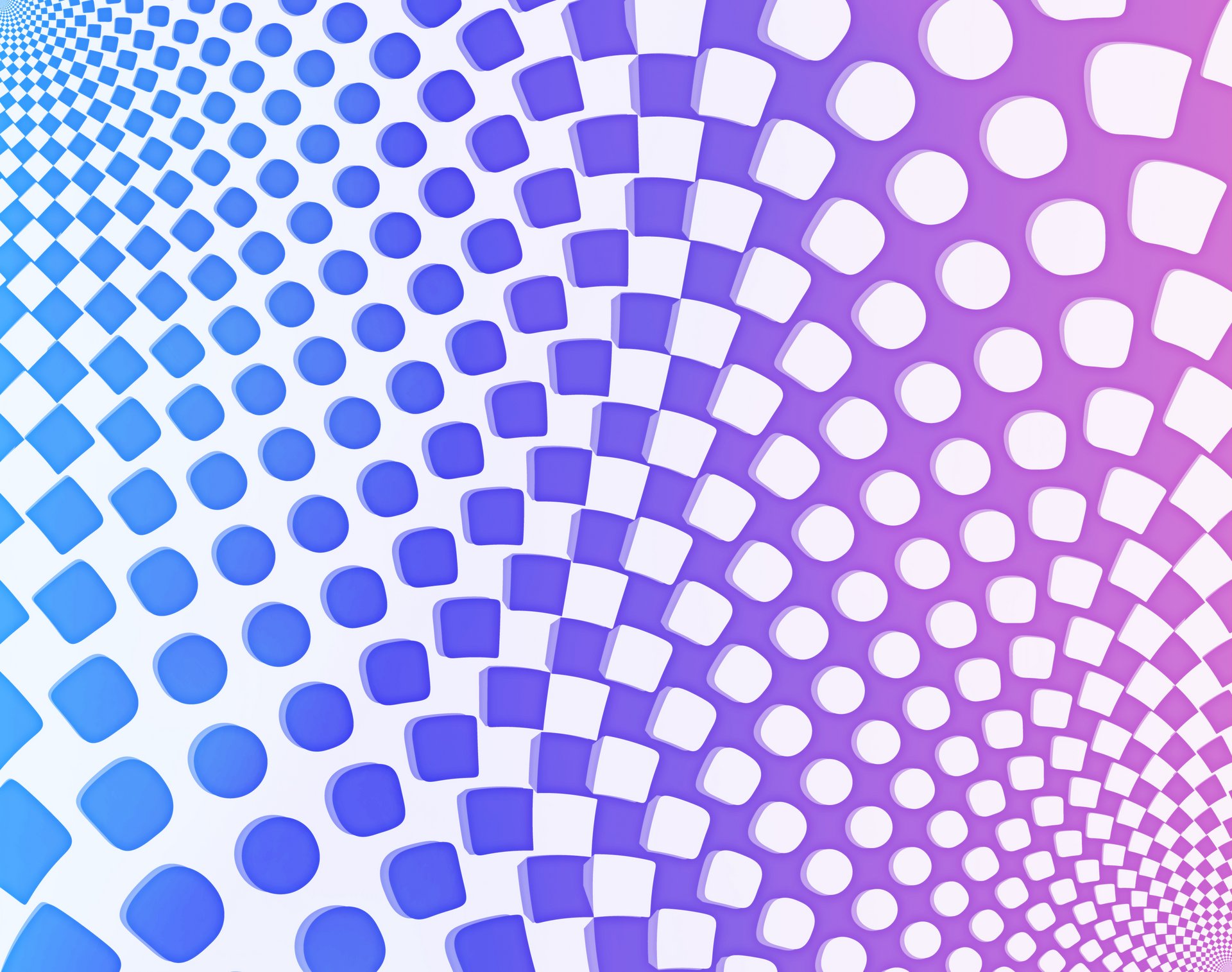 Mønster af rundede kvadrater der svinger i farvede spiraler. Farverne blå over i pink og hvid.