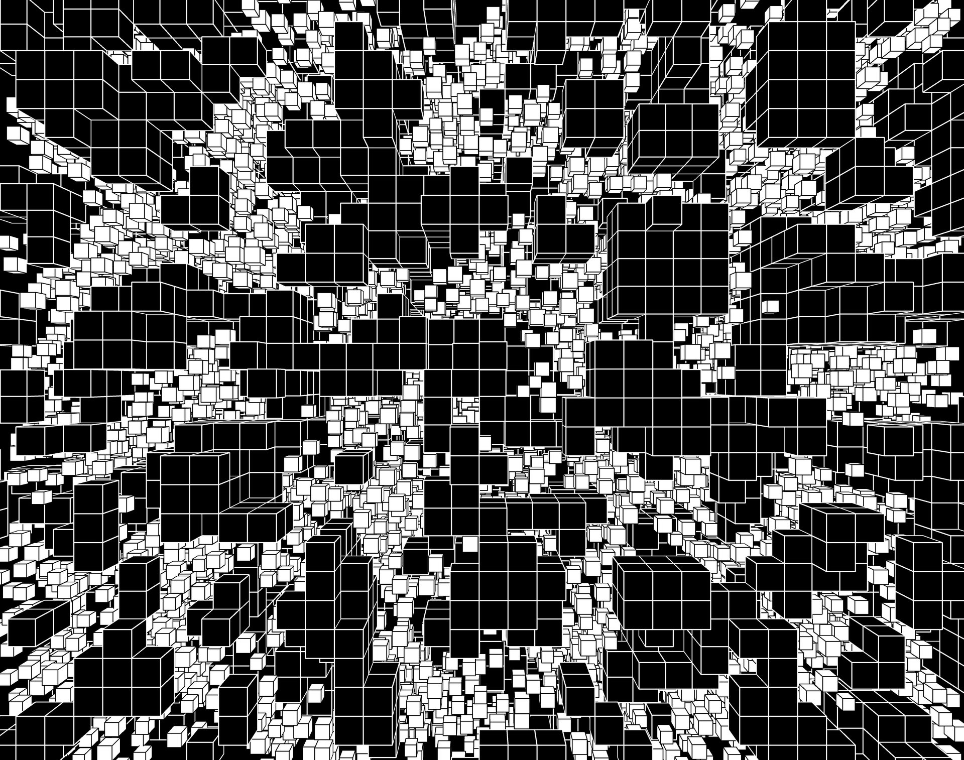 Mønster af kvadrater i sort og hvid. Særligt de hvide kvadrater skaber forskellige mønstre og de sorte kvadrater står som en baggrund.