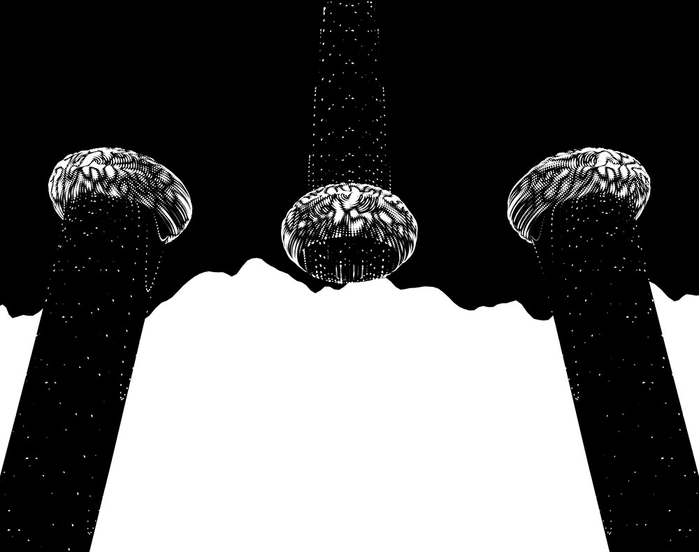 Sort hvid kodekunst - to sorte stolper der bryder hvid baggrund med en sort himmel